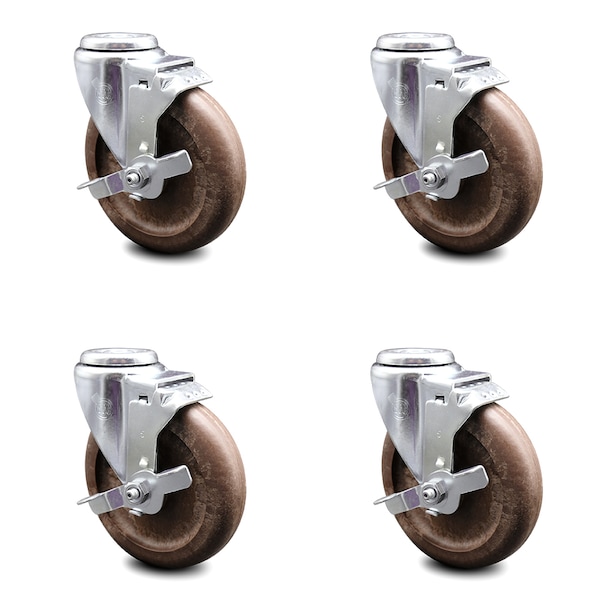 5 Inch High Temp Glass Filled Nylon Wheel Swivel Bolt Hole Caster Set with Brake